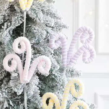 5Pcs Pastel Color Christmas Tree Picks for Christmas Tree Topper Decorations 14.5 Inch Christmas Ornaments Glitter Sequins Candy Shape Curly Picks for Xmas Tree Wreath Vase Garland Home Holiday Party