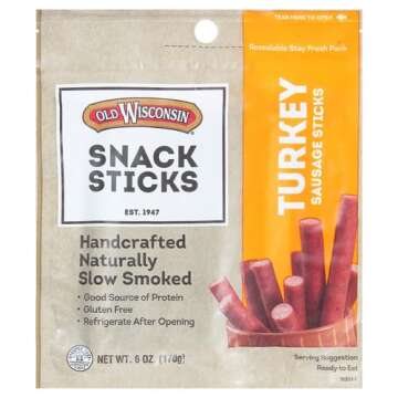 Old Wisconsin Turkey Sausage Snack Sticks, Naturally Smoked, Ready to Eat, High Protein, Low Carb, Keto, Gluten Free, 6 Ounce Resealable Package