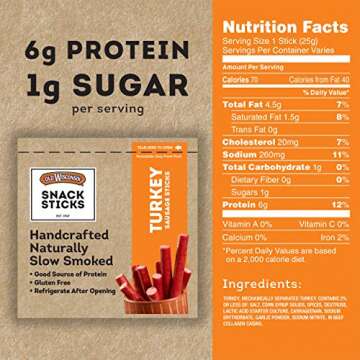 Old Wisconsin Turkey Sausage Snack Sticks, Naturally Smoked, Ready to Eat, High Protein, Low Carb, Keto, Gluten Free, 6 Ounce Resealable Package