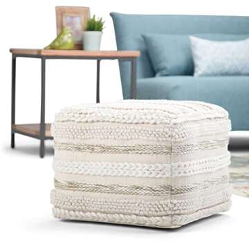 SIMPLIHOME Sommer Square Pouf, Footstool, Upholstered in Natural Handloom Woven Cotton Pattern, for ...