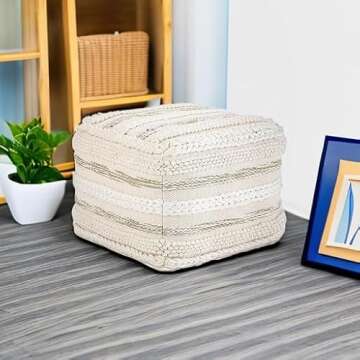 SIMPLIHOME Sommer Square Pouf, Footstool, Upholstered in Natural Handloom Woven Cotton Pattern, for the Living Room, Bedroom and Kids Room, Boho, Contemporary, Modern