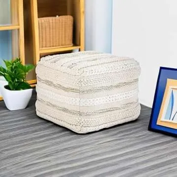 SIMPLIHOME Sommer Square Pouf, Footstool, Upholstered in Natural Handloom Woven Cotton Pattern, for the Living Room, Bedroom and Kids Room, Boho, Contemporary, Modern