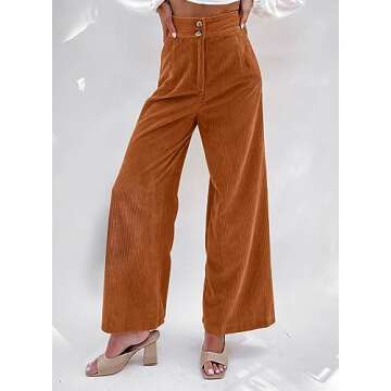 Sidefeel Corduroy Pants for Women Casual Work High Waisted Button Stretchy Loose Fit Wide Leg Pants ...