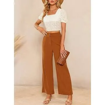Sidefeel Corduroy Pants for Women Casual Work High Waisted Button Stretchy Loose Fit Wide Leg Pants with Pockets Orange L