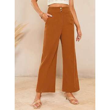 Sidefeel Corduroy Pants for Women Casual Work High Waisted Button Stretchy Loose Fit Wide Leg Pants with Pockets Orange L