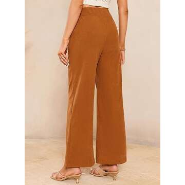 Sidefeel Corduroy Pants for Women Casual Work High Waisted Button Stretchy Loose Fit Wide Leg Pants with Pockets Orange L