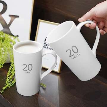Momugs Number Large Coffee Mug Set of 2, Tall White Ceramic Coffee Cup, 20 oz Mug for Coffee, Cocoa, Latte, Milk, Tea