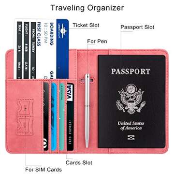WALNEW Passport Holder for Travel, RFID Passport Cover Wallet for Women Men, PU Leather Passport Book Card Holder Case with Pen, Travelling Essentials for Flying