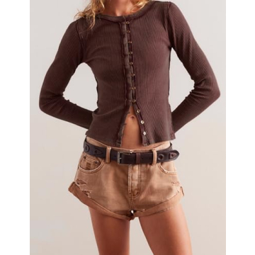 Womens Slim Fitted Ribbed Cardigan Long Sleeve Button Down Shirt