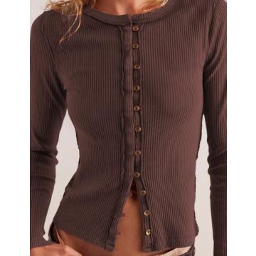 Womens Slim Fitted Ribbed Cardigan Long Sleeve Button Down Shirt