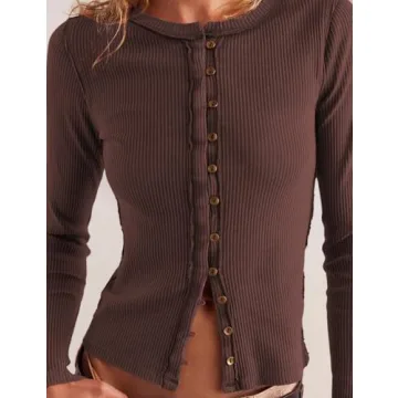 Womens Slim Fitted Ribbed Cardigan Long Sleeve Button Down Shirt