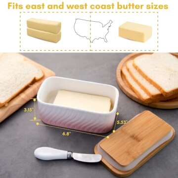 Lumicook Large Ceramic Butter Dish with Wooden Lid, Large Butter Container Keeper Storage with Stain...