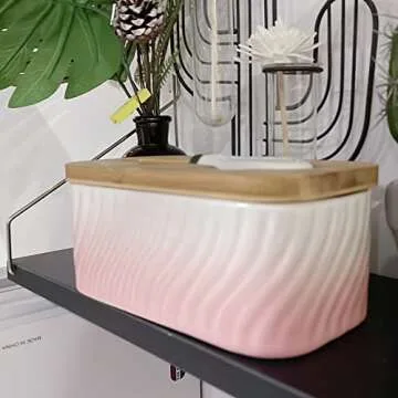 Lumicook Large Ceramic Butter Dish with Wooden Lid, Large Butter Container Keeper Storage with Stainless Steel Butter Knife Spreader, Holds 2 Stick of Butter Unique Swirl Pattern (Pink)