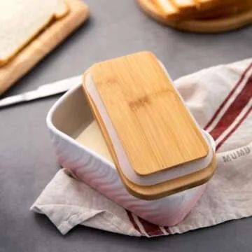 Lumicook Large Ceramic Butter Dish with Wooden Lid, Large Butter Container Keeper Storage with Stainless Steel Butter Knife Spreader, Holds 2 Stick of Butter Unique Swirl Pattern (Pink)