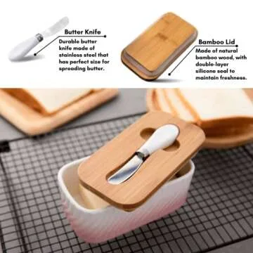 Lumicook Large Ceramic Butter Dish with Wooden Lid, Large Butter Container Keeper Storage with Stainless Steel Butter Knife Spreader, Holds 2 Stick of Butter Unique Swirl Pattern (Pink)
