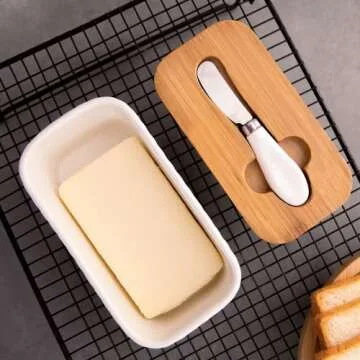Lumicook Large Ceramic Butter Dish with Wooden Lid, Large Butter Container Keeper Storage with Stainless Steel Butter Knife Spreader, Holds 2 Stick of Butter Unique Swirl Pattern (Pink)