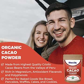 Blue Lily USDA Organic Cacao Powder -2 lb (907g), Cocoa Chocolate Substitute, Unsweetened Cocoa Powd...