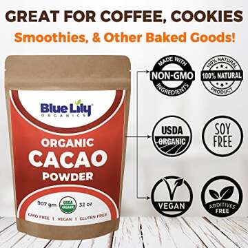 Blue Lily USDA Organic Cacao Powder -2 lb (907g), Cocoa Chocolate Substitute, Unsweetened Cocoa Powder from Superior Criollo Beans, Perfect for Keto, Baking & Ice Cream, Vegan, Gluten Free & Non GMO