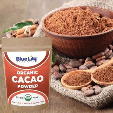 Blue Lily USDA Organic Cacao Powder -2 lb (907g), Cocoa Chocolate Substitute, Unsweetened Cocoa Powder from Superior Criollo Beans, Perfect for Keto, Baking & Ice Cream, Vegan, Gluten Free & Non GMO