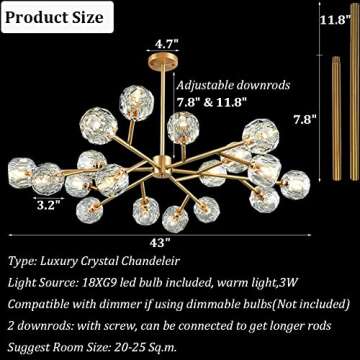 Saffbei Crystal Chandeliers Modern Sputnik Chandeliers Crystal Pendant Light with 18 Lights Contemporary Gold Chandeliers Ceiling Light Fixtures for Dining Living Room Bedroom, G9 LED Bulbs Included