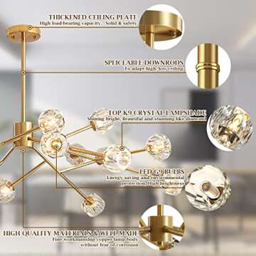 Saffbei Crystal Chandeliers Modern Sputnik Chandeliers Crystal Pendant Light with 18 Lights Contemporary Gold Chandeliers Ceiling Light Fixtures for Dining Living Room Bedroom, G9 LED Bulbs Included