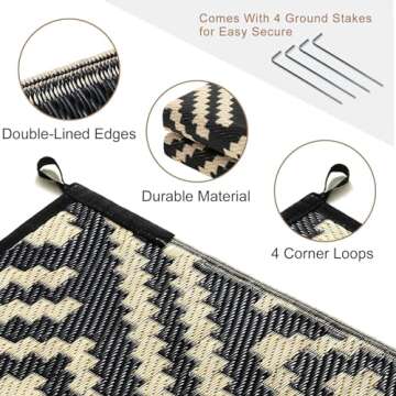 ROCYJULIN Outdoor Plastic Straw Rug 9x12 Ft, Outdoor Rug for Patio, Waterproof Outdoor Carpet for Camping, Deck, Rv, Balcony, Porch, Backyard, Reversible Outdoor Area Rug, Black and Beige