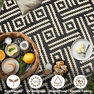 ROCYJULIN Outdoor Plastic Straw Rug 9x12 Ft, Outdoor Rug for Patio, Waterproof Outdoor Carpet for Camping, Deck, Rv, Balcony, Porch, Backyard, Reversible Outdoor Area Rug, Black and Beige