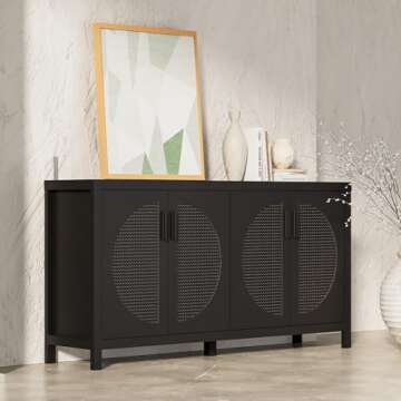 VZADGWA Buffet Sideboard Cabinets with Storage, Mid-Century Accent Storage Cabinet with Rattan Door, Metal Handles, Rattan Console Table for Kitchen Living Room, Entryway, Black