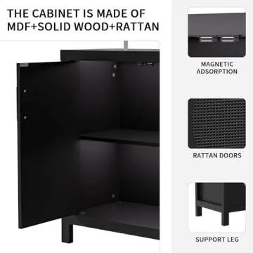 VZADGWA Buffet Sideboard Cabinets with Storage, Mid-Century Accent Storage Cabinet with Rattan Door, Metal Handles, Rattan Console Table for Kitchen Living Room, Entryway, Black