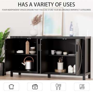 VZADGWA Buffet Sideboard Cabinets with Storage, Mid-Century Accent Storage Cabinet with Rattan Door, Metal Handles, Rattan Console Table for Kitchen Living Room, Entryway, Black