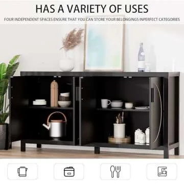 VZADGWA Buffet Sideboard Cabinets with Storage, Mid-Century Accent Storage Cabinet with Rattan Door, Metal Handles, Rattan Console Table for Kitchen Living Room, Entryway, Black