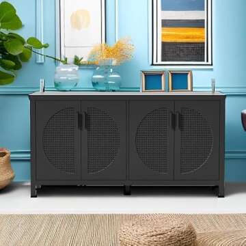 VZADGWA Buffet Sideboard Cabinets with Storage, Mid-Century Accent Storage Cabinet with Rattan Door, Metal Handles, Rattan Console Table for Kitchen Living Room, Entryway, Black