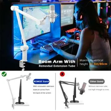 BOMGE Boom Arm Mic Stand - Adjustable Heavy Duty Suspension Boom Scissor Arm Stand with Cable Management Channels, Desk Clamp for Podcasts, Streaming, Gaming, Home Office, Recording (White)