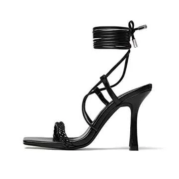 vivianly Women's Braided Lace Up Heeled Sandals Square Open Toe Strappy Straps High Stiletto Heels Black size 8