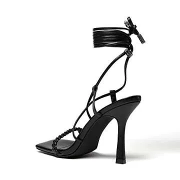vivianly Women's Braided Lace Up Heeled Sandals Square Open Toe Strappy Straps High Stiletto Heels Black size 8