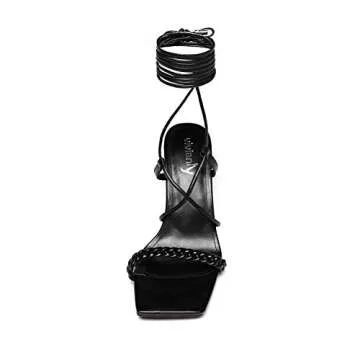 vivianly Women's Braided Lace Up Heeled Sandals Square Open Toe Strappy Straps High Stiletto Heels Black size 8