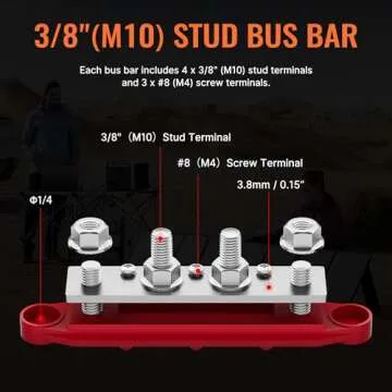 Joinfworld Bus Bar 12V 250A Power Distribution Block 4 x 3/8" Studs 12 Volt Automotive Marine Battery Busbar Terminal Block with Cover - Negative&Positive