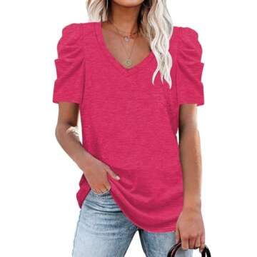 LCXWFE Womens Casual V Neck T Shirt Puff Sleeve Tops Ruched Elegant Summer Shirts