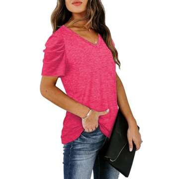 LCXWFE Womens Casual V Neck T Shirt Puff Sleeve Tops Ruched Elegant Summer Shirts