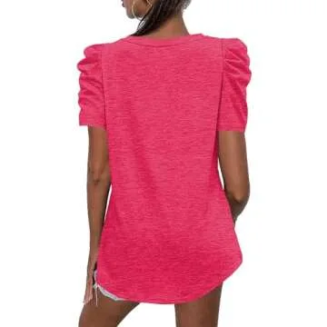 LCXWFE Womens Casual V Neck T Shirt Puff Sleeve Tops Ruched Elegant Summer Shirts