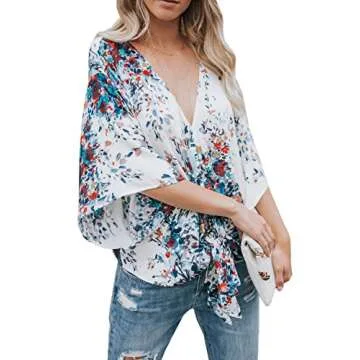 Dellytop Womens Floral Blouses Chiffon Summer Short Sleeve Deep V Neck Tie Front Tops Shirts Blue