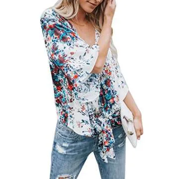 Dellytop Womens Floral Blouses Chiffon Summer Short Sleeve Deep V Neck Tie Front Tops Shirts Blue