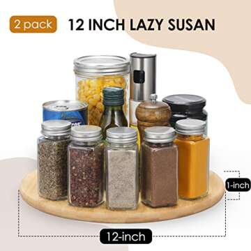[ 2 Pack ] 12-Inch Bamboo Wood Lazy Susan Organizers - Non-Skid Turntable Rack for Table, Pantry Organization and Storage, Kitchen, Cabinets, Closets, Spice Rack - Large Base, Anti-Rollover