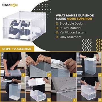 I&D DESIGNS STACBOX Shoe Organizer | Stackable Easy to Assemble for Closet | Protects Shoes | Clear Display | Declutters Spaces | Multipurpose Storage Container (SMALL Size 6 Pcs)