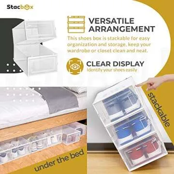 I&D DESIGNS STACBOX Shoe Organizer | Stackable Easy to Assemble for Closet | Protects Shoes | Clear Display | Declutters Spaces | Multipurpose Storage Container (SMALL Size 6 Pcs)