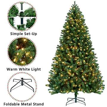 Yaheetech 7.5ft Prelit Artificial Hinged Christmas Pine Tree Prelighted Xmas Tree for Home Party Holiday Decoration with 550 Warm White Lights and 1354 Branch Tips
