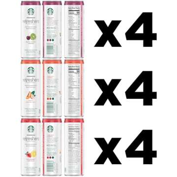 Starbucks Refreshers, 3 Flavor Variety Pack (Peach,Cherry, Stw Lmd), 12 Ounce Sleek Cans (Pack of 12)
