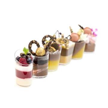 Open Cut Slanted Round Dessert Cups - 3 ounce - 40 Count - Spoons Included - Clear Plastic - Slanted Cylinder Mini Dessert Cup - Appetizer Cup - Tasting Glass-Sample Shot Glass -Disposable or Reusable