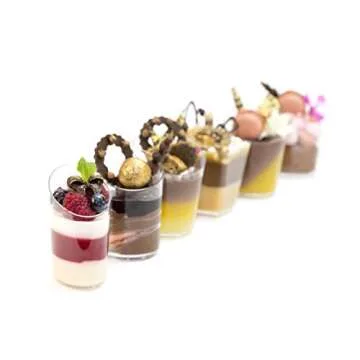 Open Cut Slanted Round Dessert Cups - 3 ounce - 40 Count - Spoons Included - Clear Plastic - Slanted Cylinder Mini Dessert Cup - Appetizer Cup - Tasting Glass-Sample Shot Glass -Disposable or Reusable