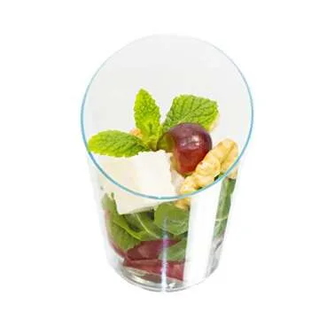 Open Cut Slanted Round Dessert Cups - 3 ounce - 40 Count - Spoons Included - Clear Plastic - Slanted Cylinder Mini Dessert Cup - Appetizer Cup - Tasting Glass-Sample Shot Glass -Disposable or Reusable